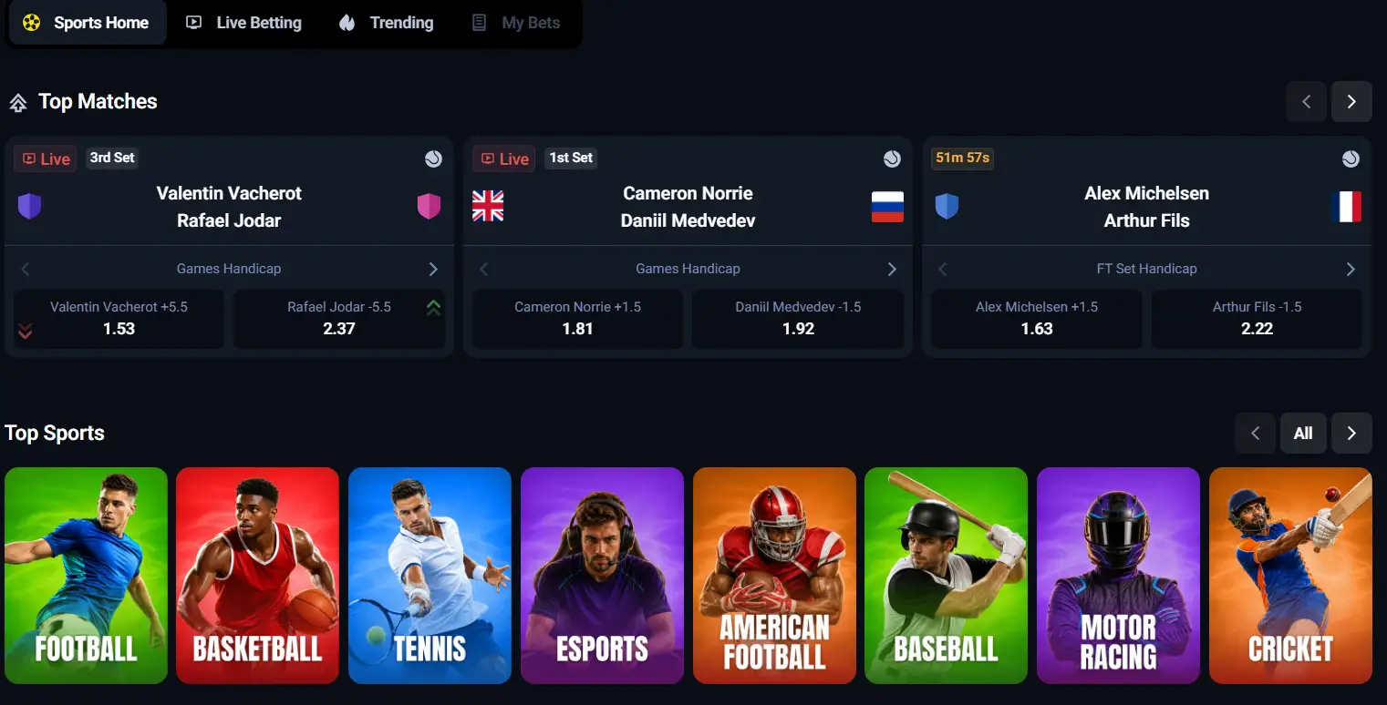 Sportmenü von Betbox mit Sportkategorien und Quoten für Begegnungen