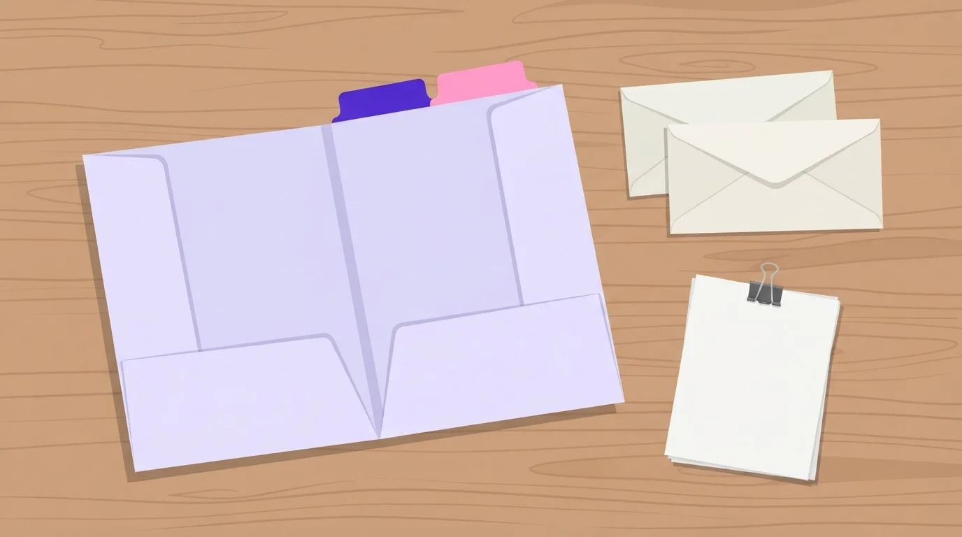 Geöffnete Dokumentenmappe mit Briefumschlägen und geordneten Papierblättern