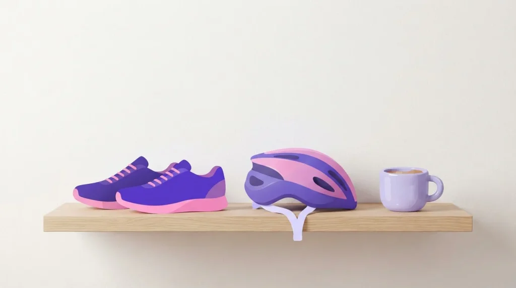 Turnschuhe Fahrradhelm und Tasse nebeneinander auf einem schlichten Regal