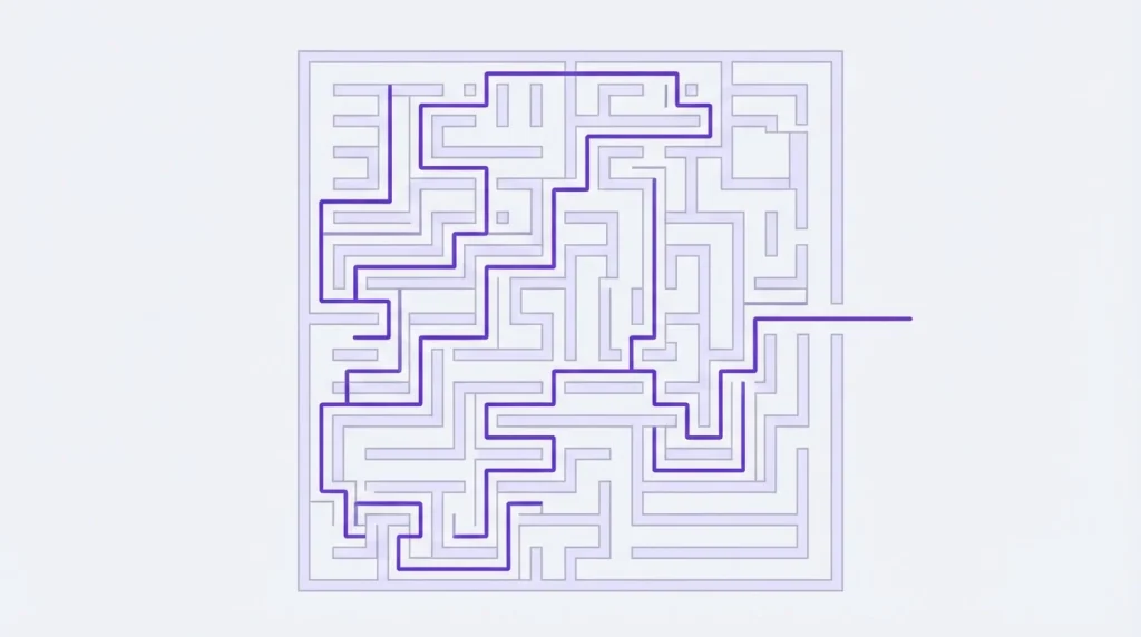 Geometrisches Labyrinth von oben mit einem klaren Weg zum Ausgang