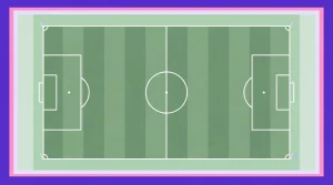 Weiße Markierungen eines Fußballfeldes mit Mittellinie und Strafräumen