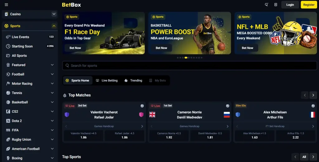 Bereich für laufende Spiele von Betbox mit laufenden Begegnungen und Wettquoten
